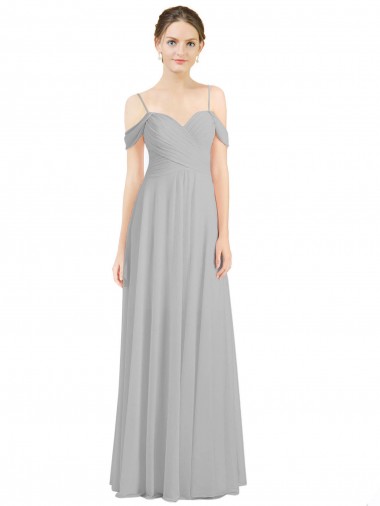 Argent Trapèze Épaule Dénudée Bretelles spaghetti Mousseline Longue Robes demoiselle d'honneur Grossiste