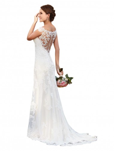 Blanc Fourreau Bateau Illusion Dentelle Robes de mariée Grossiste