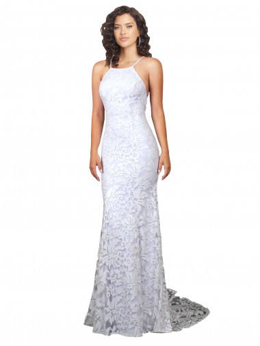 Blanc Fourreau Col Haut Balayage train Dentelle Robes de mariée Grossiste