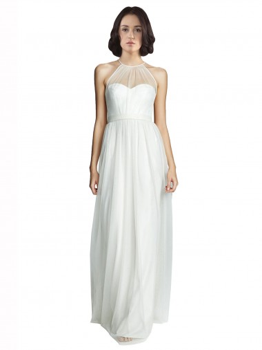 Blanc Trapèze Licou Col Haut Tulle Longue Robes demoiselle d'honneur Grossiste
