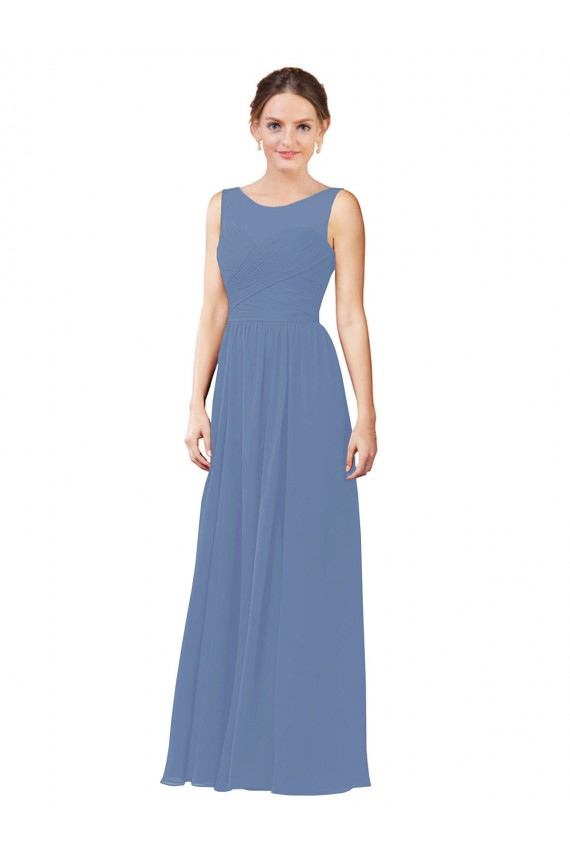 Bleu Windsor Fourreau Illusion Mousseline Longue Robes demoiselle d'honneur Grossiste