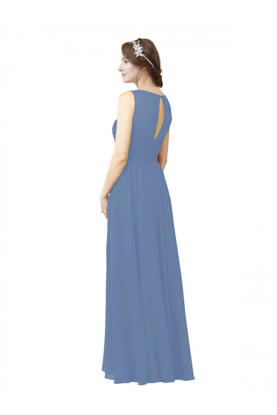 Bleu Windsor Fourreau Illusion Mousseline Longue Robes demoiselle d'honneur Grossiste