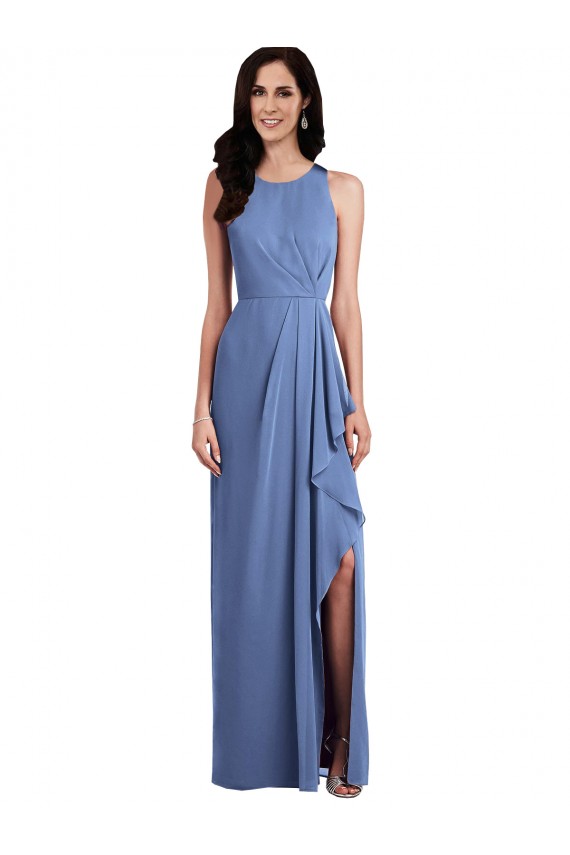 Bleu Windsor Trapèze Col bijou Mousseline Longue Robes demoiselle d'honneur Grossiste