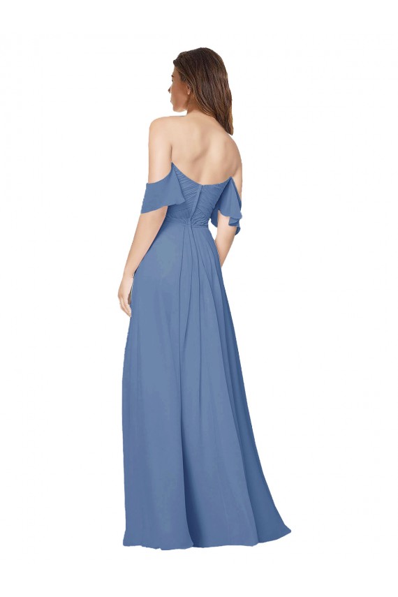Bleu Windsor Trapèze Épaule Dénudée Sans bretelle Mousseline Longue Robes demoiselle d'honneur Grossiste