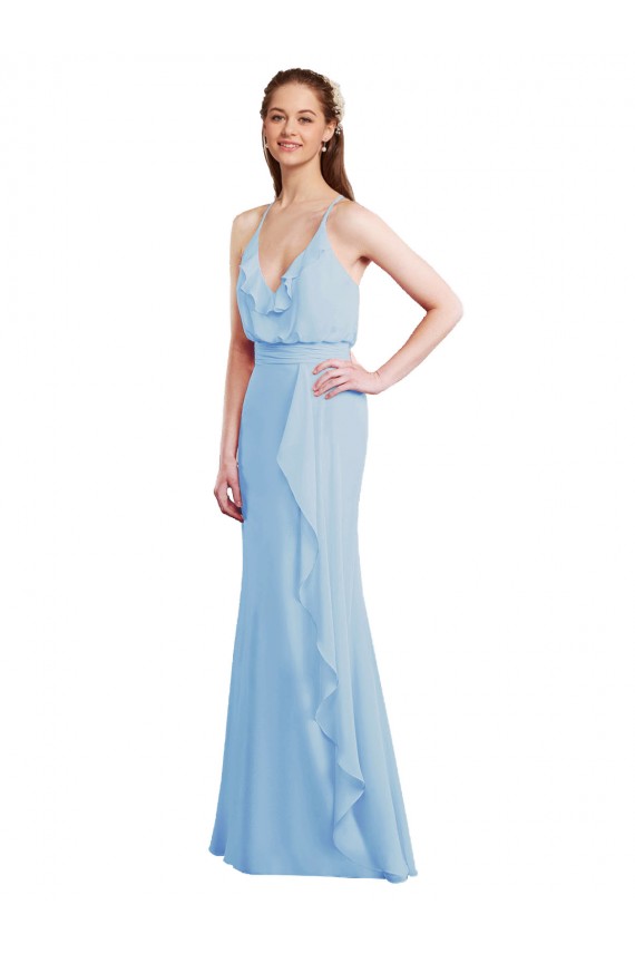 Bleu ciel clair Sirène Bretelles spaghetti Col V Mousseline Longue Robes demoiselle d'honneur Grossiste