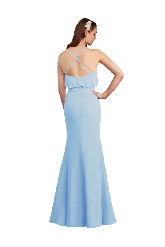 Bleu ciel clair Sirène Bretelles spaghetti Col V Mousseline Longue Robes demoiselle d'honneur Grossiste