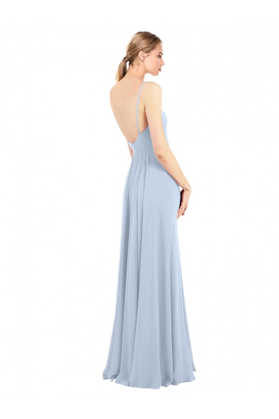 Bleu ciel clair Trapèze Bretelles spaghetti Col Carré Mousseline Longue Robes demoiselle d'honneur Grossiste