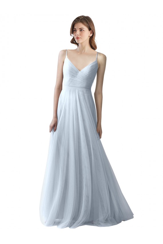 Bleu ciel clair Trapèze Bretelles spaghetti Col V Tulle Longue Robes demoiselle d'honneur Grossiste