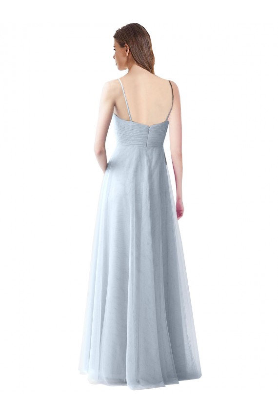 Bleu ciel clair Trapèze Bretelles spaghetti Col V Tulle Longue Robes demoiselle d'honneur Grossiste