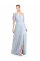 Bleu ciel clair Trapèze Bretelles spaghetti Col V Tulle Longue Robes demoiselle d'honneur Grossiste
