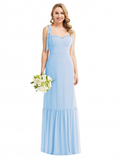 Bleu ciel clair Trapèze Bretelles spaghetti Mousseline Longue Robes demoiselle d'honneur Grossiste