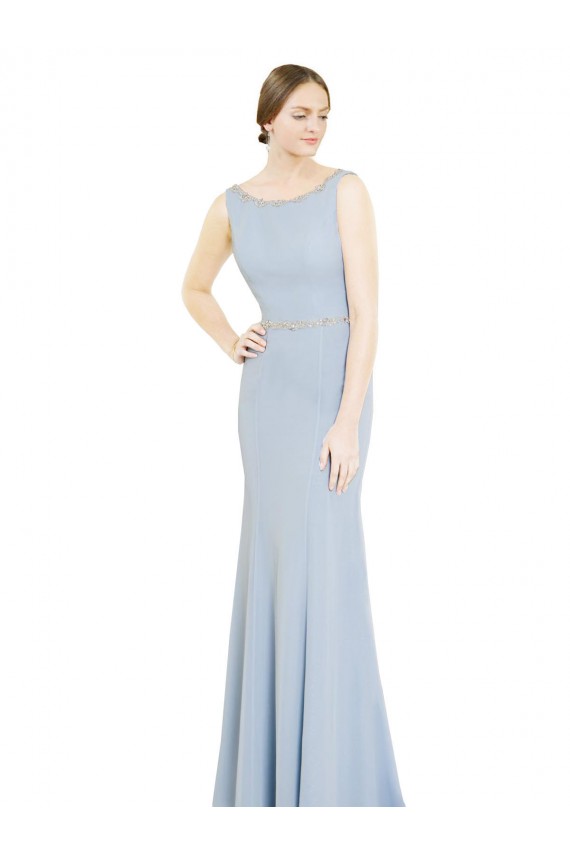 Bleu ciel clair Trapèze Col Bateau Col Haut Mousseline Longue Robes demoiselle d'honneur Grossiste