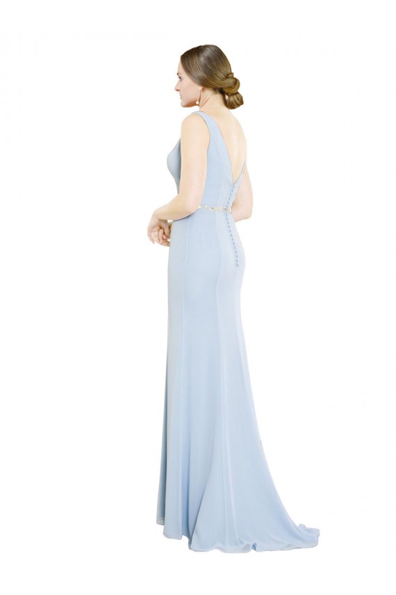 Bleu ciel clair Trapèze Col Bateau Col Haut Mousseline Longue Robes demoiselle d'honneur Grossiste