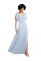 Bleu ciel clair Trapèze Col V Mousseline Longue Robes demoiselle d'honneur Grossiste