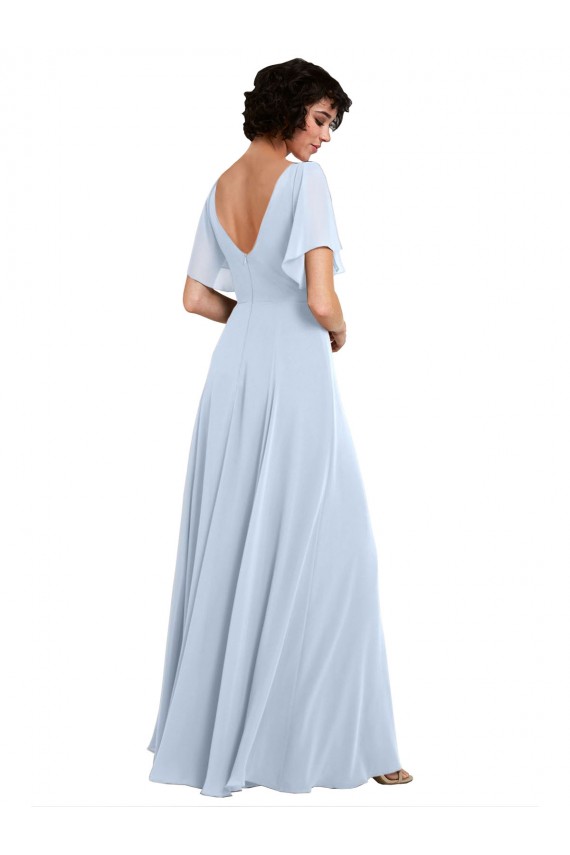 Bleu ciel clair Trapèze Col V Mousseline Longue Robes demoiselle d'honneur Grossiste