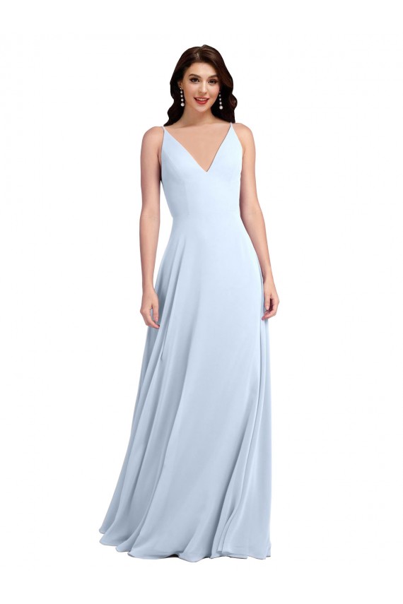 Bleu ciel clair Trapèze Col V Mousseline Longue Robes demoiselle d'honneur Grossiste