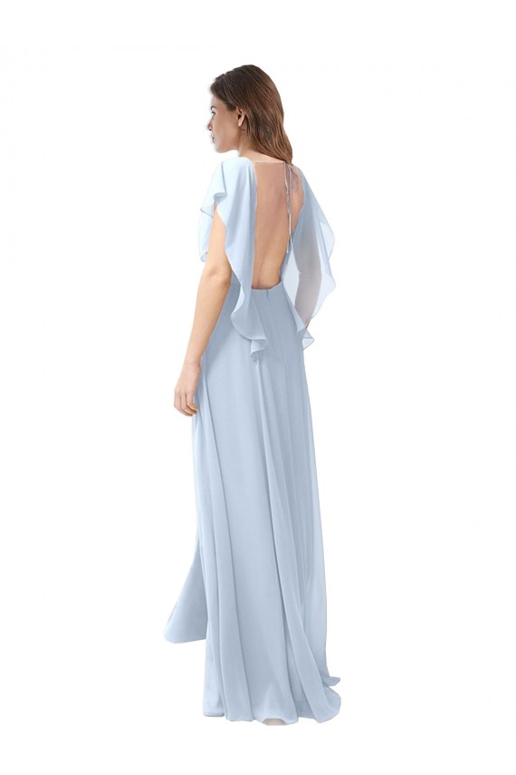 Bleu ciel clair Trapèze Col V Mousseline Longue Robes demoiselle d'honneur Grossiste