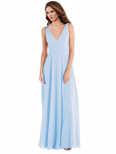 Bleu ciel clair Trapèze Col V Mousseline Longue Robes demoiselle d'honneur Grossiste
