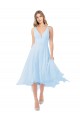 Bleu ciel clair Trapèze Col V midi Mousseline Courte Robes demoiselle d'honneur / Robes de cocktail Grossiste