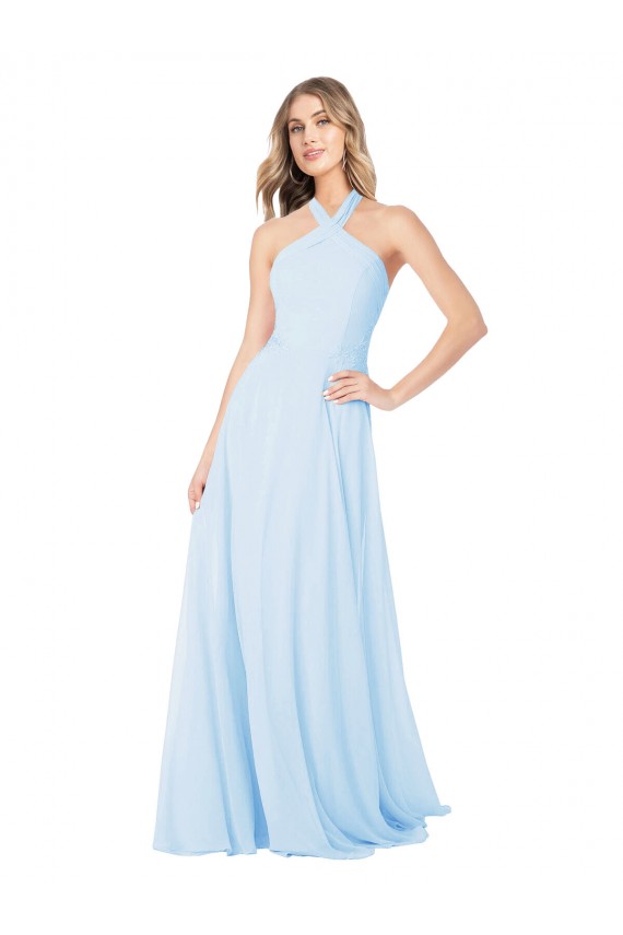 Bleu ciel clair Trapèze Licou Col Haut Mousseline Longue Robes demoiselle d'honneur Grossiste