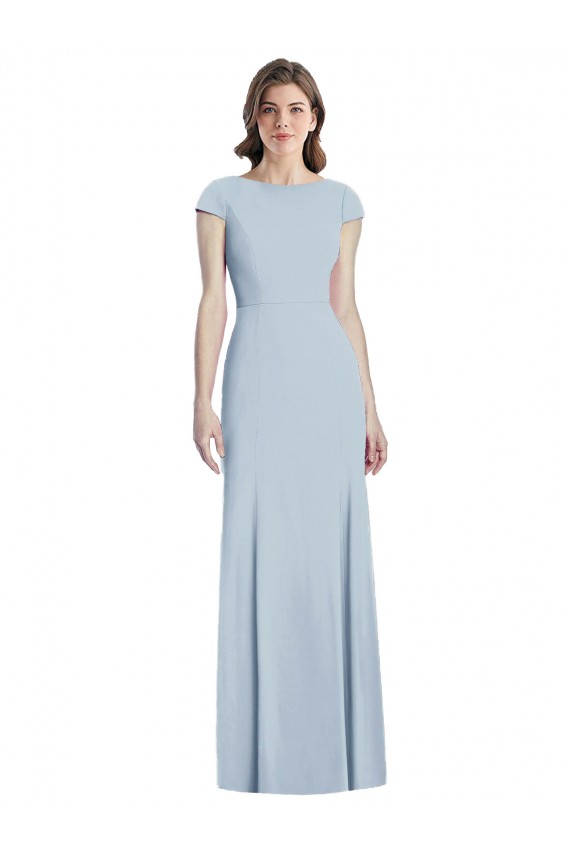 Bleu ciel clair Trompette Bateau Crêpe Stretch Longue Robes demoiselle d'honneur / Robes de bal Grossiste
