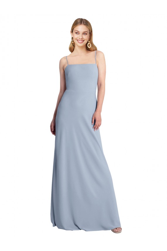 Bleu fumée Trapèze Col Carré Crêpe Stretch Longue Robes demoiselle d'honneur / Robes de bal Grossiste