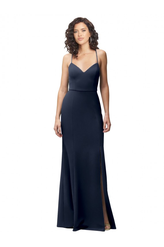 Bleu marine foncé Fourreau Bretelles spaghetti Crêpe Stretch Longue Formelles Robes demoiselle d'honneur / Robes de soirée / Robes de bal Grossiste