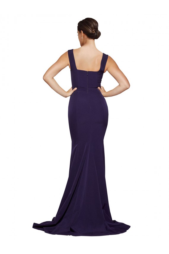 Bleu marine foncé Fourreau Col Carré Balayage train Crêpe Stretch Longue Robes demoiselle d'honneur / Robes de bal Grossiste