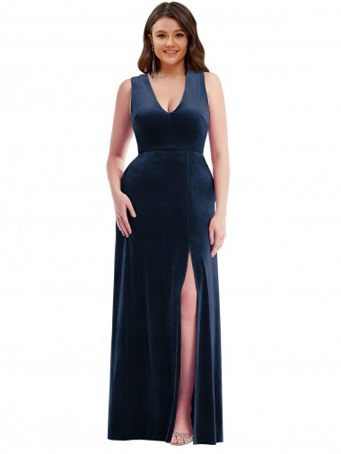 Bleu marine foncé Fourreau Col V Velours Stretch Longue Formelles Robes demoiselle d'honneur / Robes de soirée / Robes de bal Grossiste
