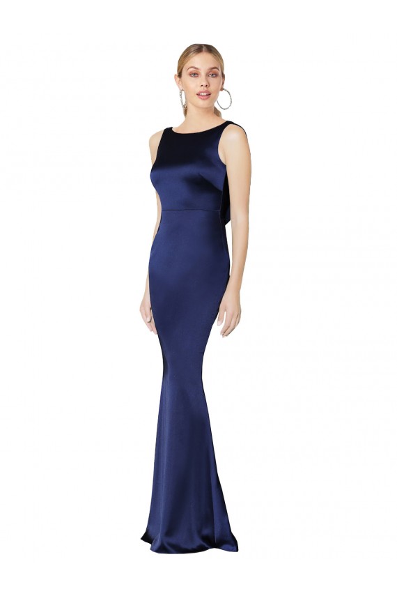 Bleu marine foncé Fourreau Licou Col Haut Satiné Stretch Longue Formelles Robes demoiselle d'honneur / Robes de soirée / Robes de bal Grossiste