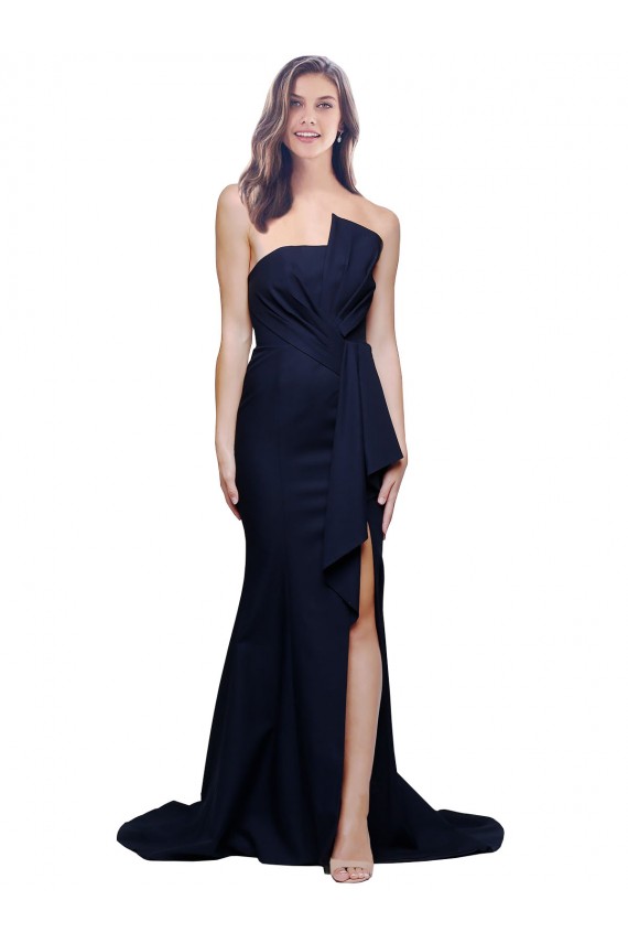 Bleu marine foncé Fourreau Sans bretelle Balayage train Crêpe Stretch Longue Robes demoiselle d'honneur / Robes de bal Grossiste