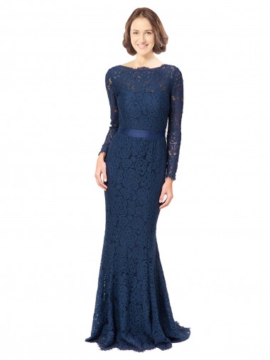 Bleu marine foncé Sirène Col bijou Balayage train Dentelle Longue Robes demoiselle d'honneur Grossiste
