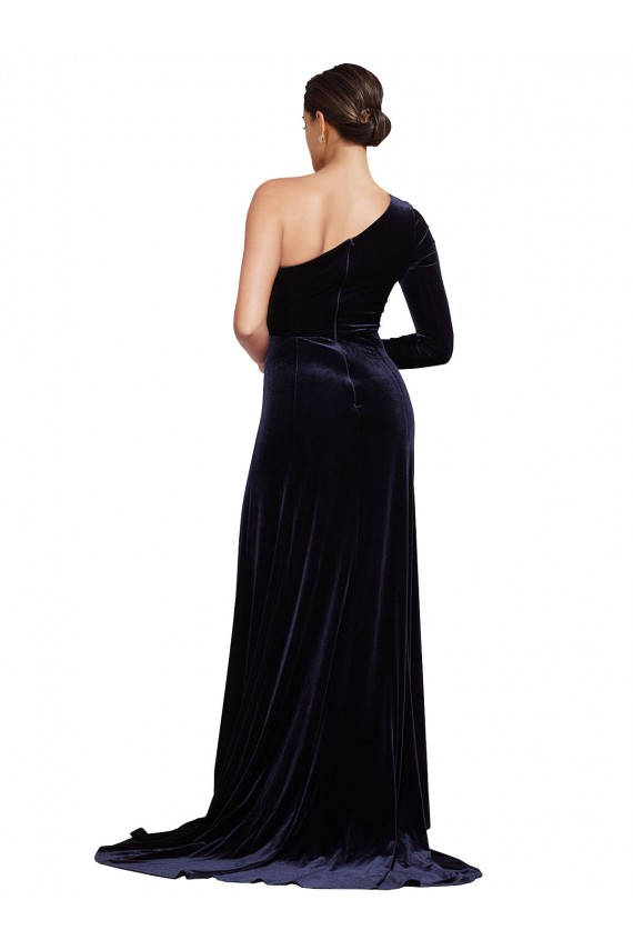 Bleu marine foncé Trapèze Balayage train Velours Stretch Longue Formelles Robes demoiselle d'honneur / Robes de soirée / Robes de bal Grossiste