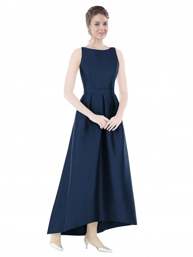 Bleu marine foncé Trapèze Bateau Satiné Longue Asymétrique Robes demoiselle d'honneur Grossiste