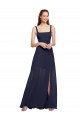 Bleu marine foncé Trapèze Bretelles spaghetti Col Carré Mousseline Longue Robes demoiselle d'honneur Grossiste