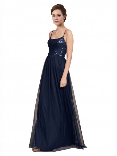 Bleu marine foncé Trapèze Bretelles spaghetti Tulle Dentelle Longue Robes demoiselle d'honneur Grossiste