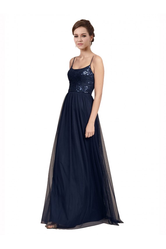 Bleu marine foncé Trapèze Bretelles spaghetti Tulle Dentelle Longue Robes demoiselle d'honneur Grossiste