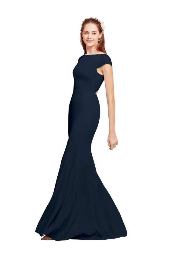 Bleu marine foncé Trapèze Col Bateau Crêpe Stretch Longue Formelles Robes demoiselle d'honneur / Robes de soirée / Robes de bal Grossiste