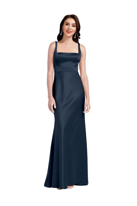 Bleu marine foncé Trapèze Col Carré Satiné Stretch Longue Formelles Robes demoiselle d'honneur / Robes de soirée / Robes de bal Grossiste