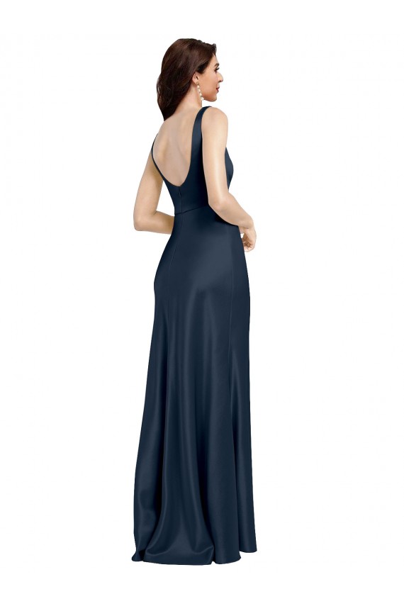 Bleu marine foncé Trapèze Col Carré Satiné Stretch Longue Formelles Robes demoiselle d'honneur / Robes de soirée / Robes de bal Grossiste