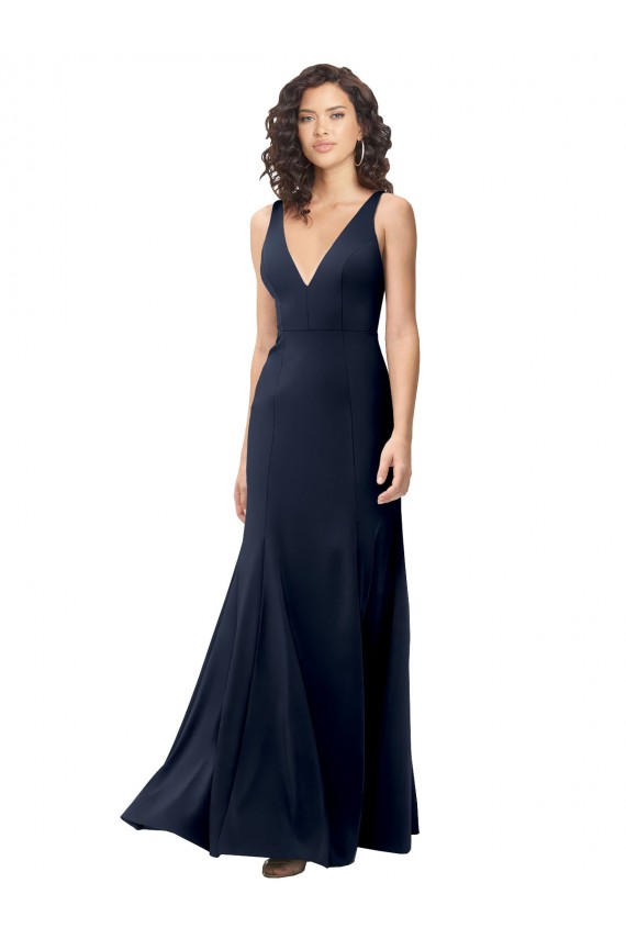 Bleu marine foncé Trapèze Col V Crêpe Stretch Longue Formelles Robes demoiselle d'honneur / Robes de soirée / Robes de bal Grossiste