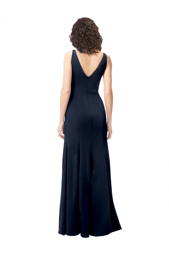 Bleu marine foncé Trapèze Col V Crêpe Stretch Longue Formelles Robes demoiselle d'honneur / Robes de soirée / Robes de bal Grossiste