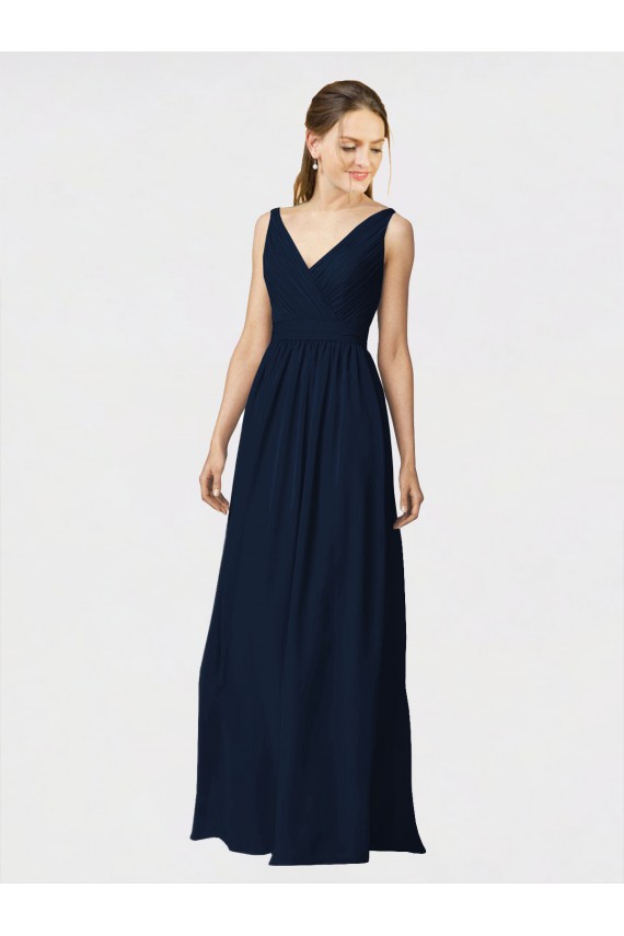 Bleu marine foncé Trapèze Col V Mousseline Longue Robes demoiselle d'honneur Grossiste