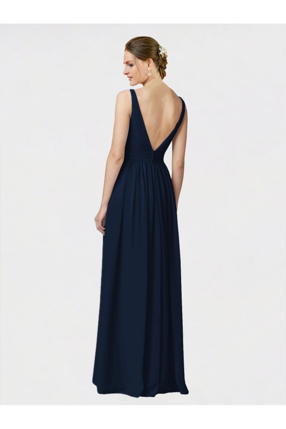 Bleu marine foncé Trapèze Col V Mousseline Longue Robes demoiselle d'honneur Grossiste