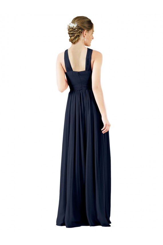 Bleu marine foncé Trapèze Col V Mousseline Longue Robes demoiselle d'honneur Grossiste