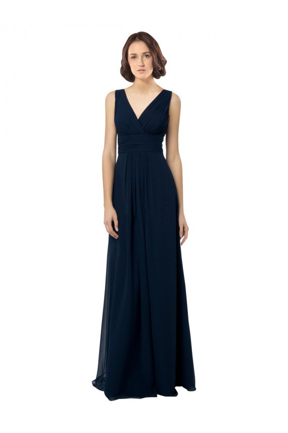 Bleu marine foncé Trapèze Col V Mousseline Longue Robes demoiselle d'honneur Grossiste