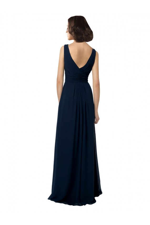 Bleu marine foncé Trapèze Col V Mousseline Longue Robes demoiselle d'honneur Grossiste