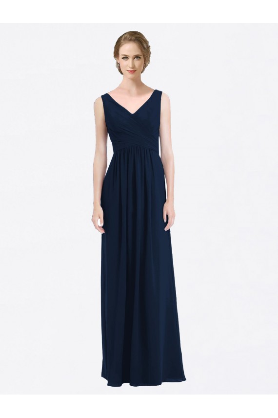 Bleu marine foncé Trapèze Col V Mousseline Longue Robes demoiselle d'honneur Grossiste