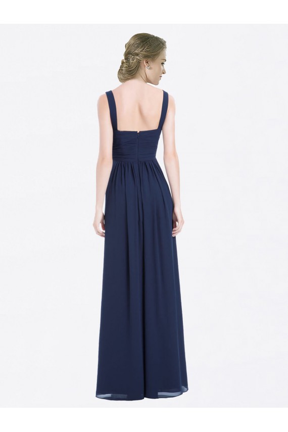 Bleu marine foncé Trapèze Col V Mousseline Longue Robes demoiselle d'honneur Grossiste