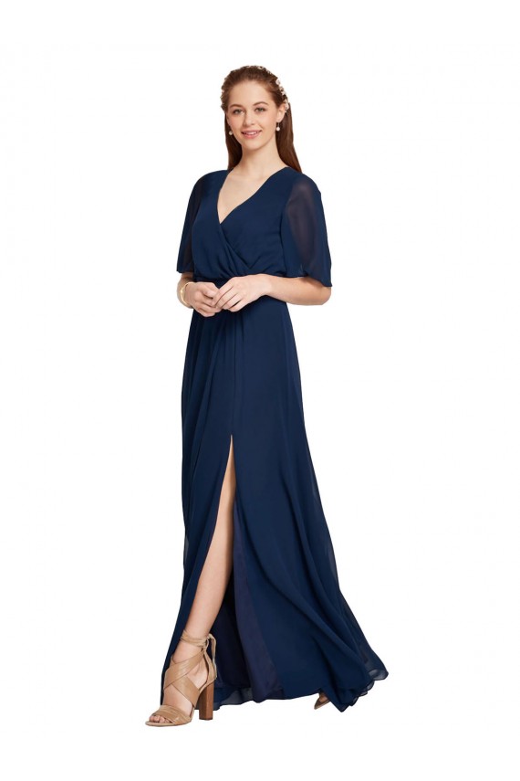 Bleu marine foncé Trapèze Col V Mousseline Longue Robes demoiselle d'honneur Grossiste